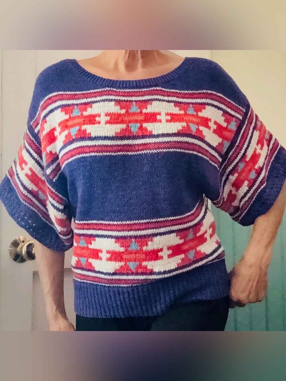 American Eagle Outfitters S short-sleeve sweater Aztec-inspired blue red white